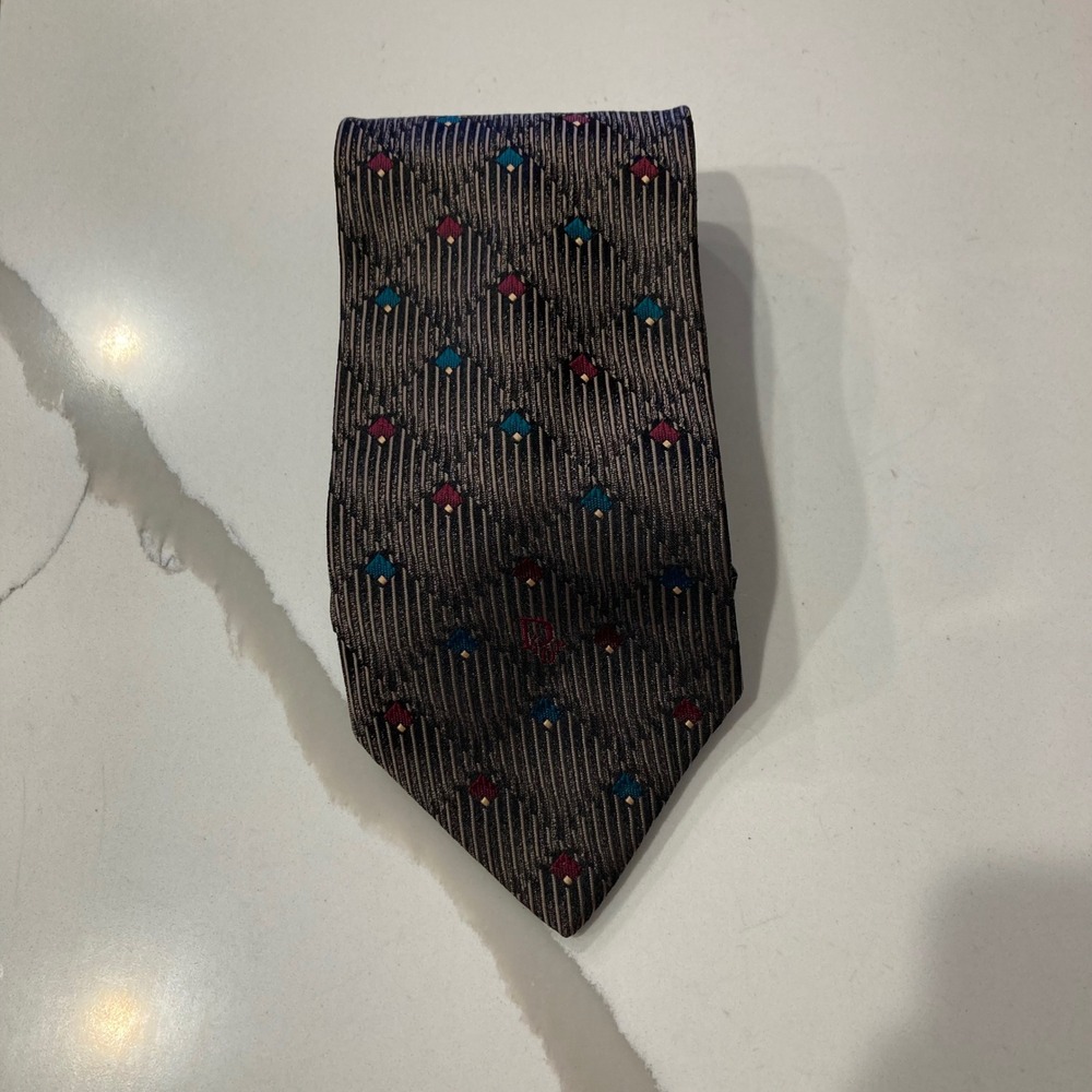 Christian Dior Monsieur Silk Blend Geometric Diamond Stripe Grey Necktie USA